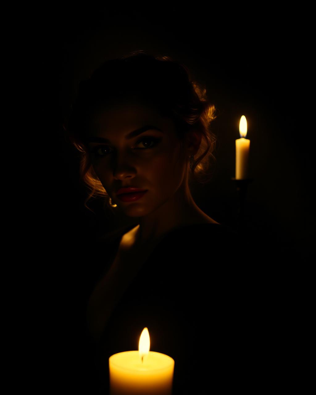 Portrait éclairé à la bougie, dans le velours et l'ombre